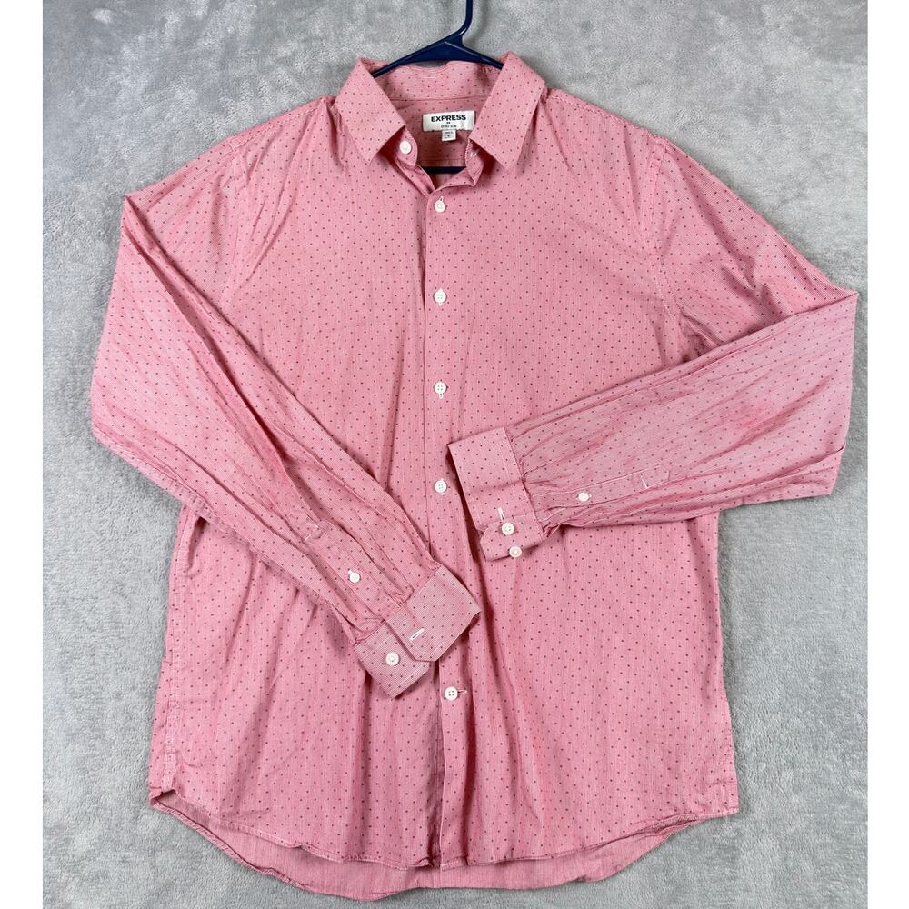 Express 1MX Men’s Long Sleeve Button Down Shirt Pink Micro Dot Size L